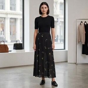 Putumayo Floral Maxi Skirt Black Whimsigoth Pleated Side Buttons Rayon Sz M NWOT